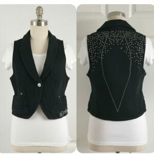 DEREON Denim Vest Rhinestone Back Detail Dark Wash Cotton Stretch BikerChic SZ L